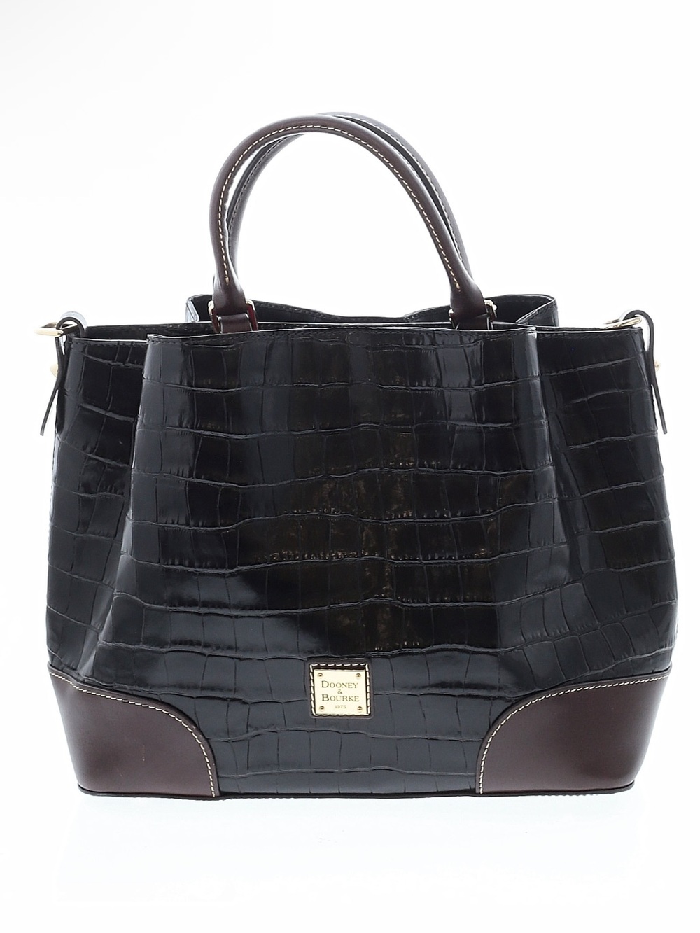 Dooney & Bourke Black Croc-Embossed Satchel with Brown Trim